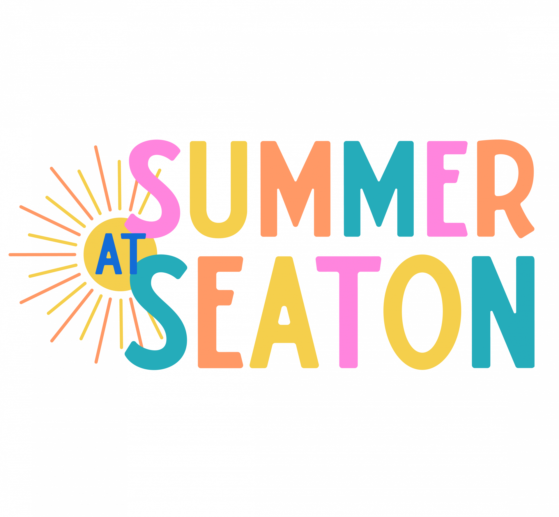 Colourful text reads “SUMMER AT SEATON.” The word “AT” is inside a yellow sun with radiating lines on the left side. The letters are in bright shades of yellow, orange, pink, teal, and blue.