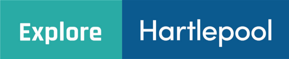 A graphic with a teal left half featuring the word Explore in white and a blue right half displaying Hartlepool in white.