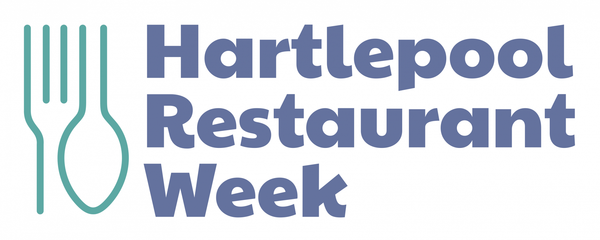 Logo for Hartlepool Restaurant Week featuring a turquoise fork and spoon outline on the left, with bold purple text on the right that reads Hartlepool Restaurant Week on a light background.