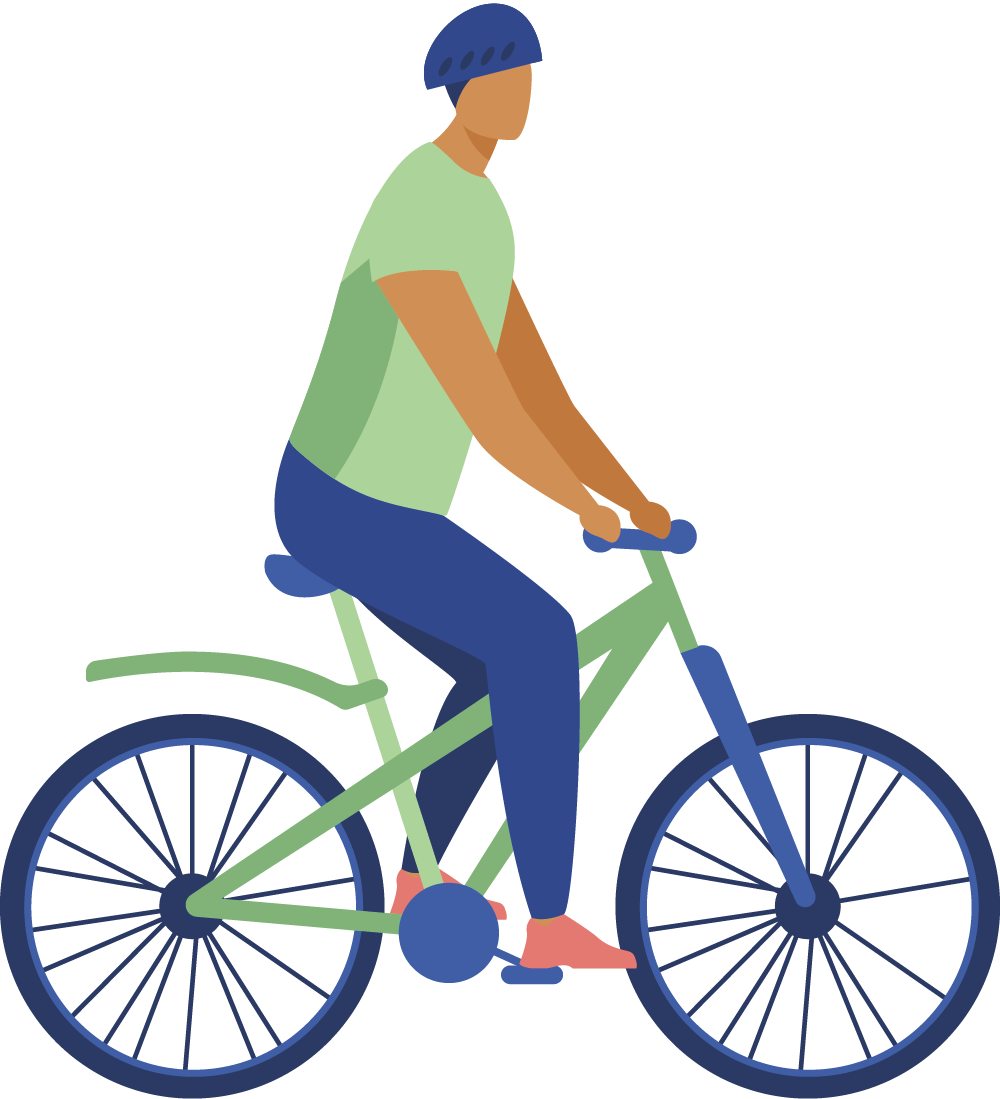 Illustration of a person wearing a helmet and casual clothes riding a bicycle. The person is facing right and appears to be in motion. The bike and helmet are blue, and the outfit is green and blue.