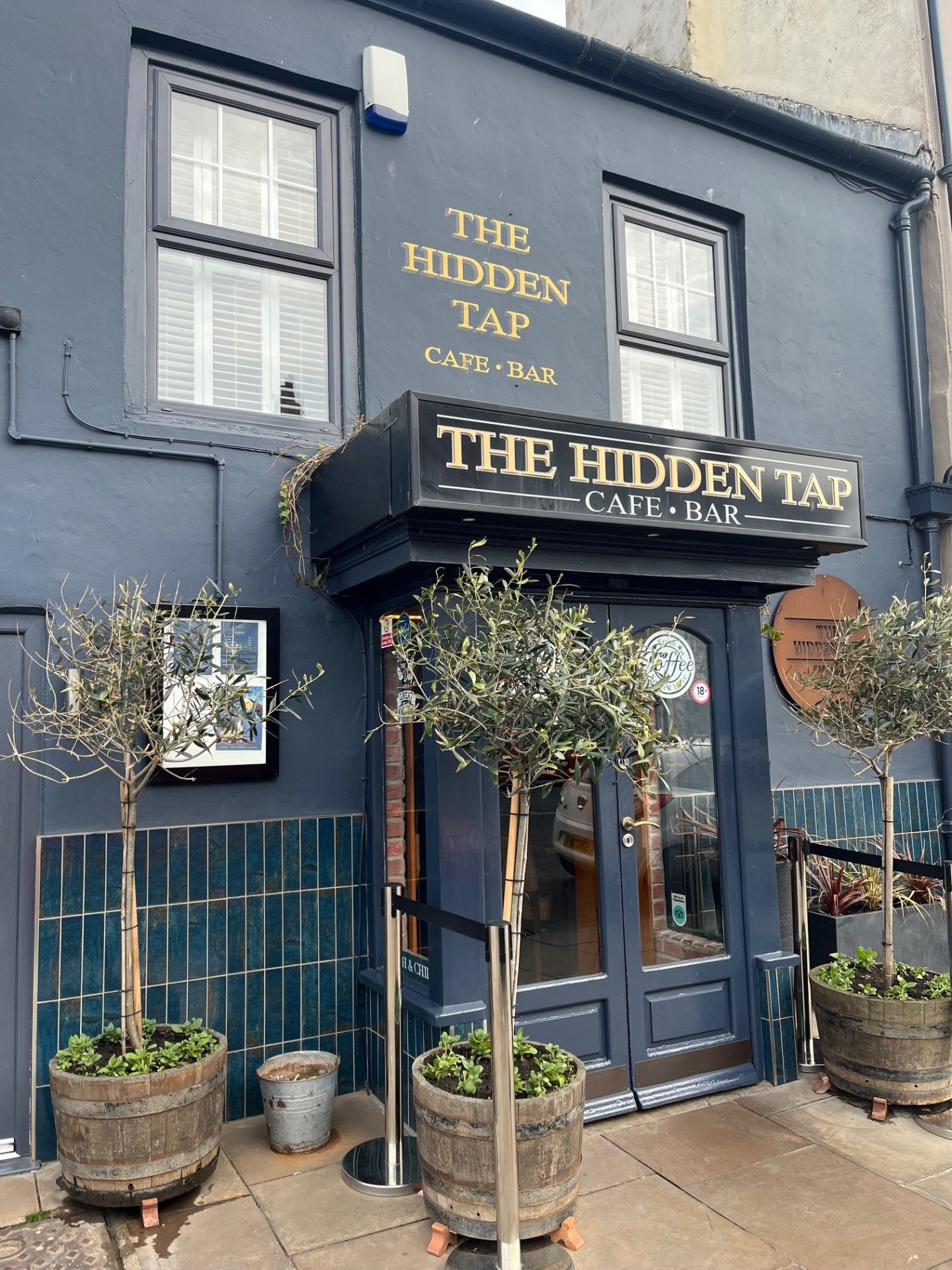 Exterior of The Hidden Tap Café Bar, featuring a blue facade with large windows, a hanging sign, two potted trees on either side of the entrance, and a glass front door.