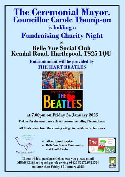 Poster for a fundraising charity night with Councillor Carole Thompson on 24 Jan 2025, featuring The Hart Beatles, held at Belle Vue Social Club, Hartlepool. Includes logos of partnering organizations.