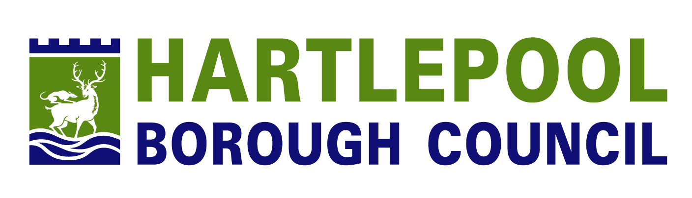 Hartlepool Borough Council logo with a blue and white emblem of a deer above waves, a lion on its back, and bold green and blue text reading HARTLEPOOL BOROUGH COUNCIL.