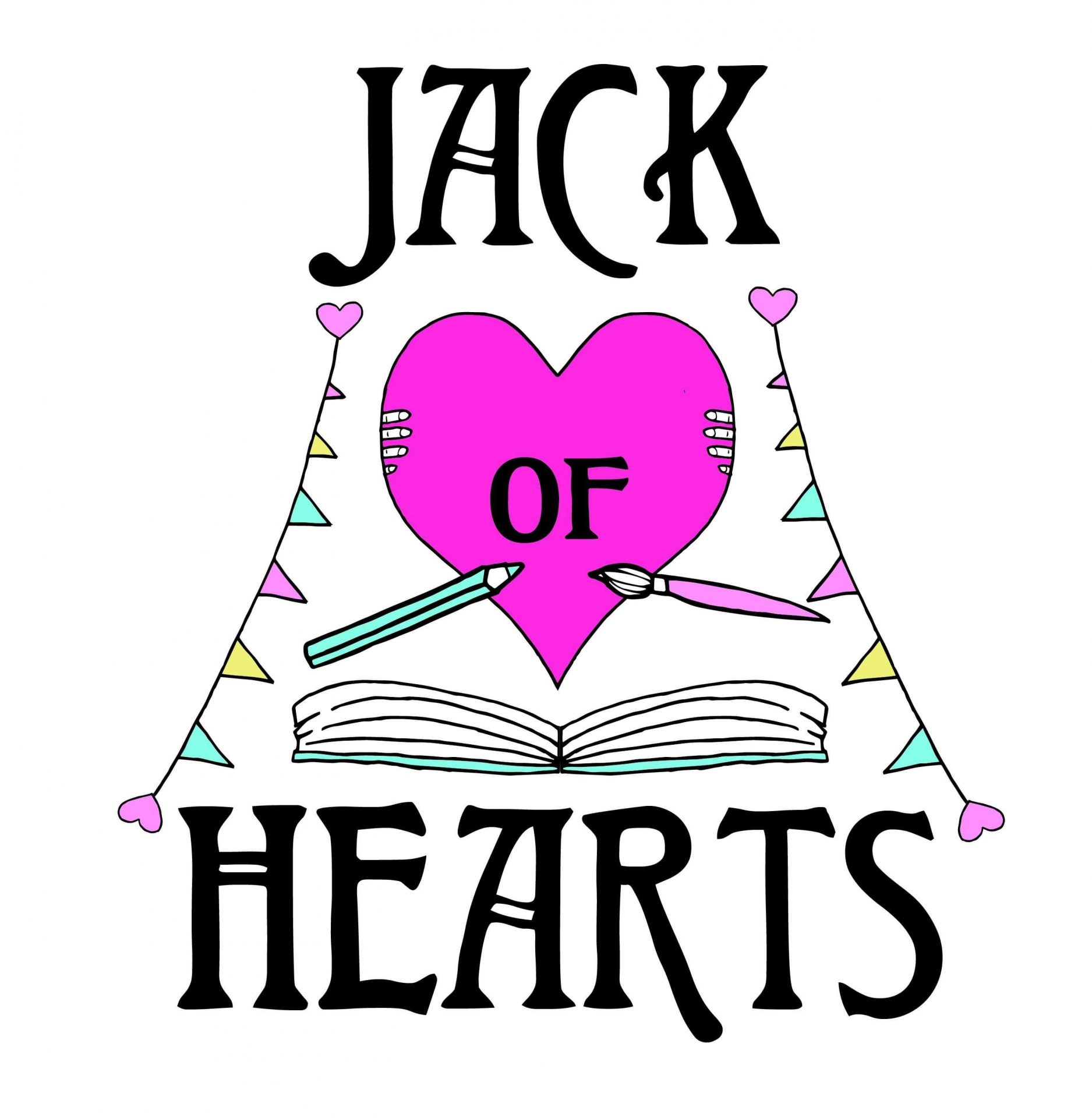 Illustration with Jack of Hearts in bold text, a pink heart in the center, colored pencils, an open book, and pastel bunting flags on each side, all on a white background.