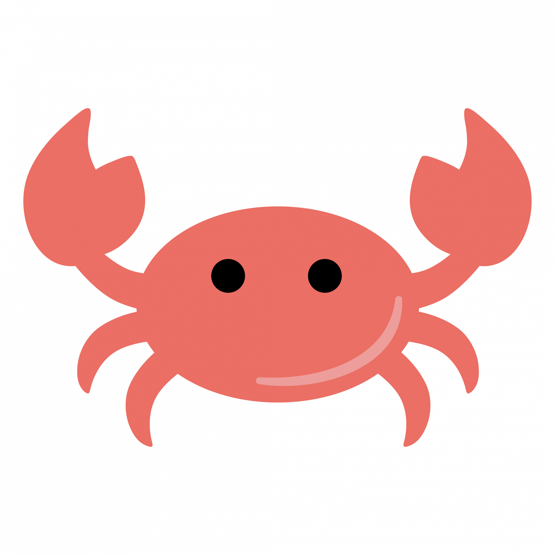 A simple, flat illustration of a smiling red crab with two claws raised, set against a plain white background.