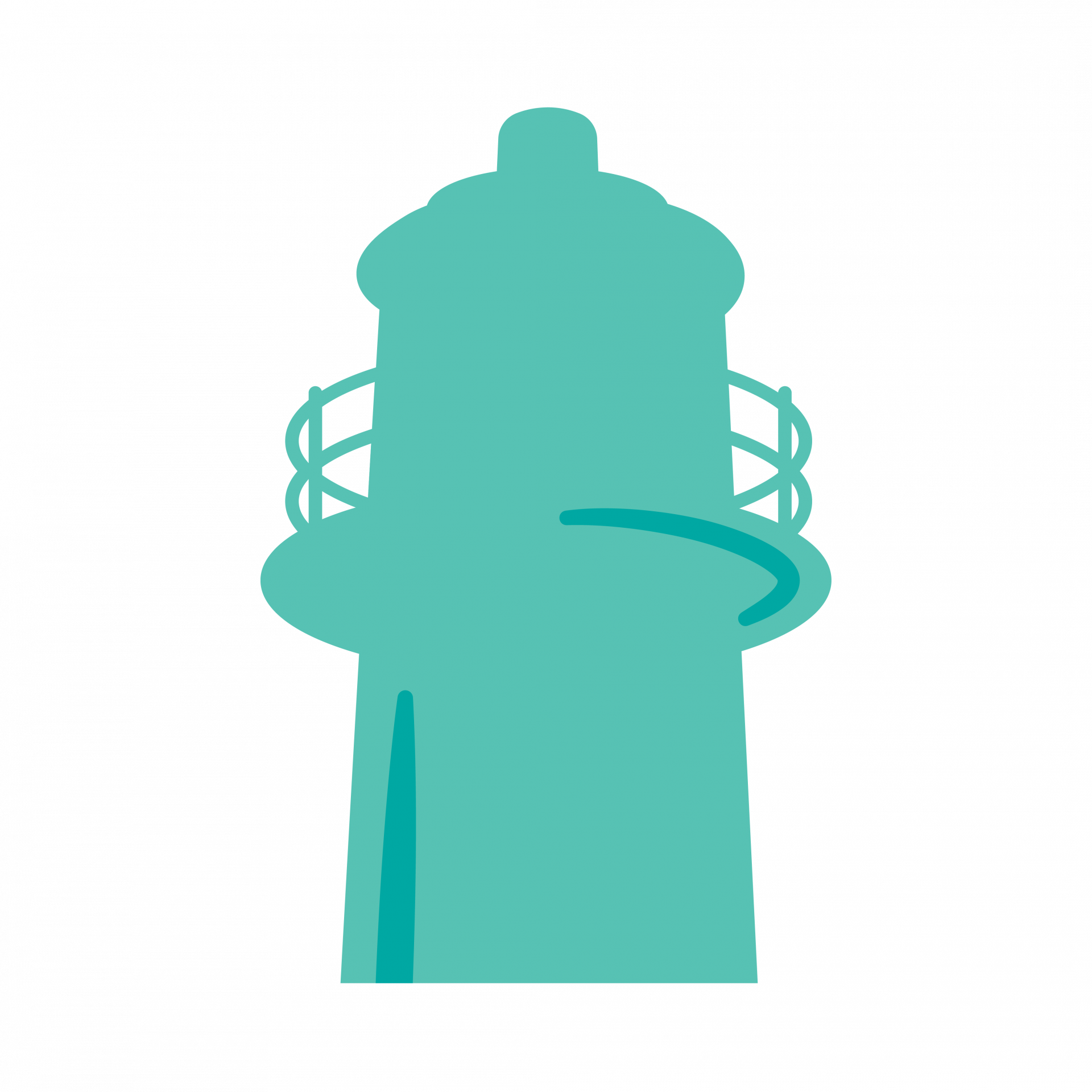 Minimalist illustration of a teal lighthouse with simple shapes, balcony railings, and a curved line representing the entrance or base detail, set against a plain white background.