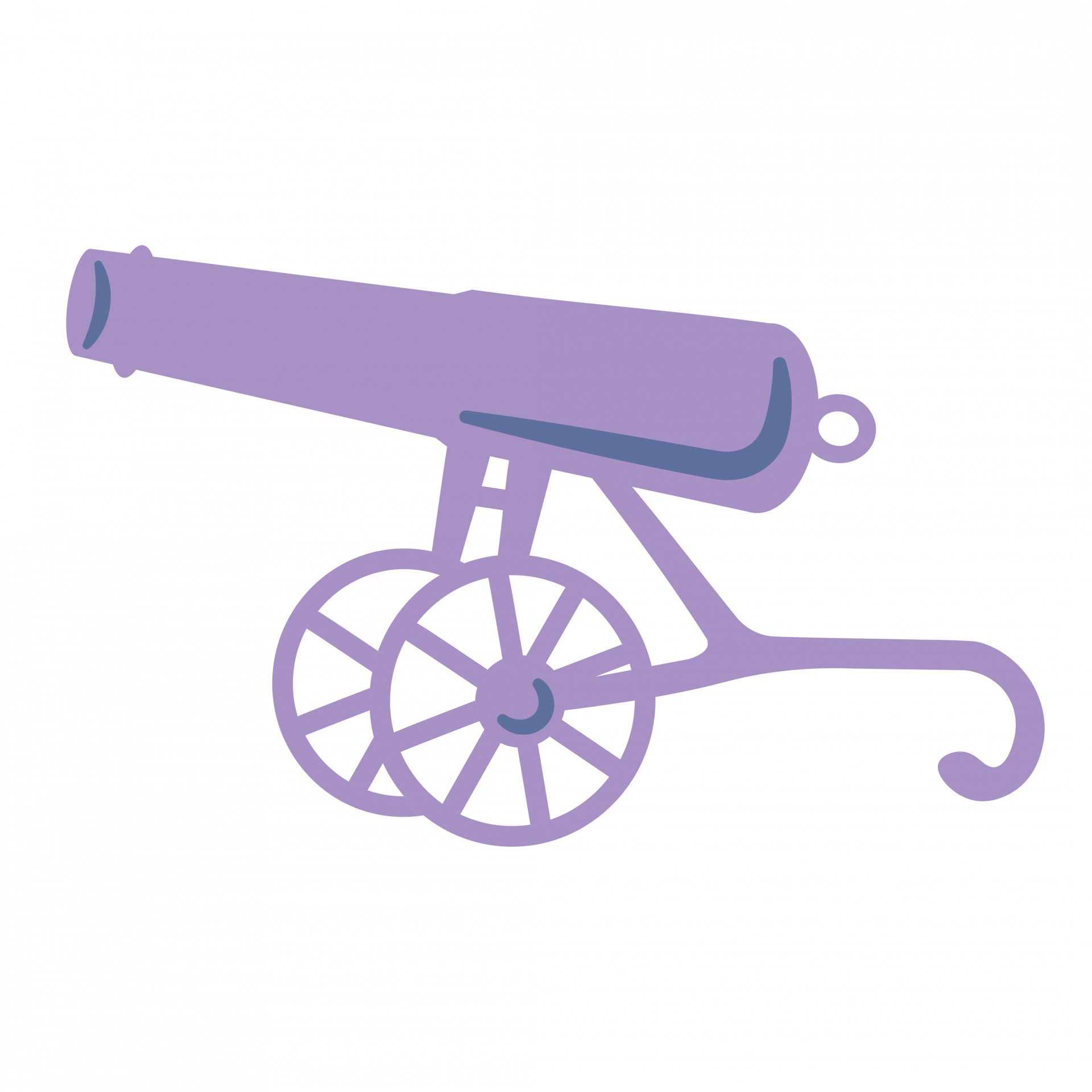 A simple, stylized illustration of a purple cannon with two large spoked wheels and a curved tail, shown on a plain light background.