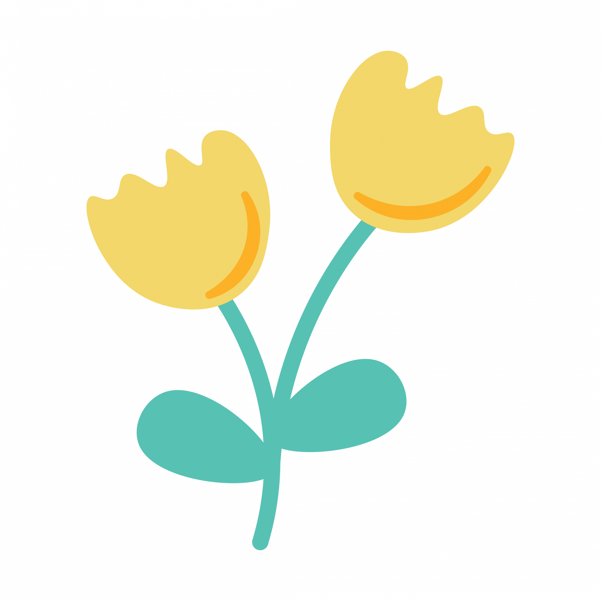 A simple illustration of two yellow tulip flowers with teal green stems and leaves. The tulips have orange curved lines on their petals, and the background is plain white.