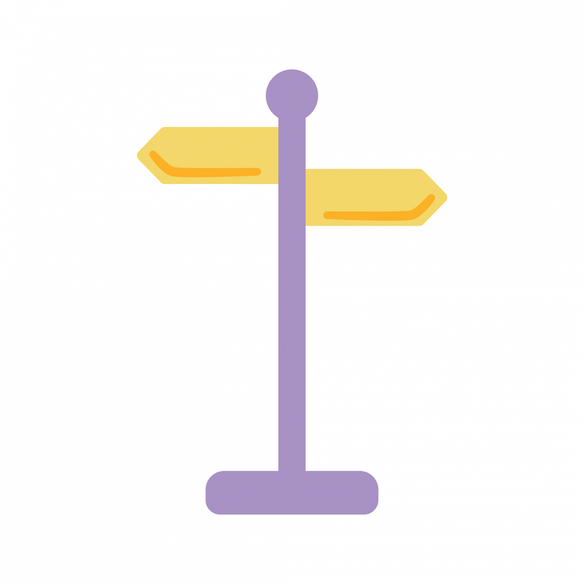 An illustration of a purple signpost with two yellow directional arrows pointing in opposite directions, one left and one right, on a white background.