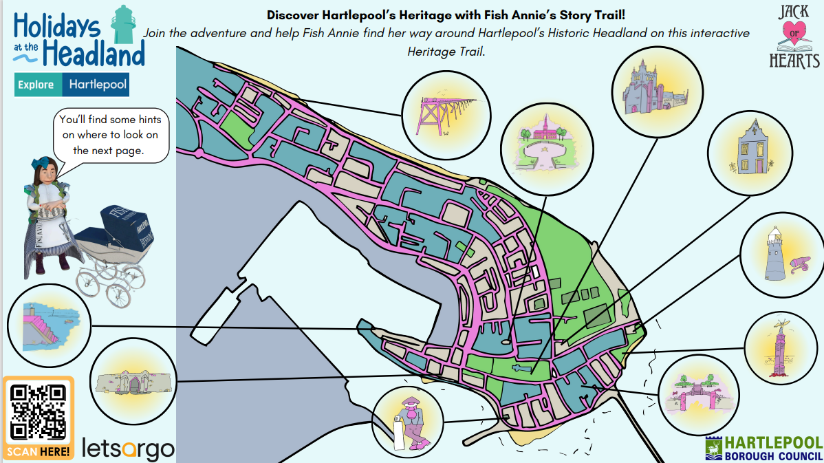 Illustrated map of Hartlepool’s historic Headland, showing a walking trail with marked locations. Insets display landmark drawings, including a lighthouse, church, ship, cannon, and a statue; themed for a family heritage adventure.