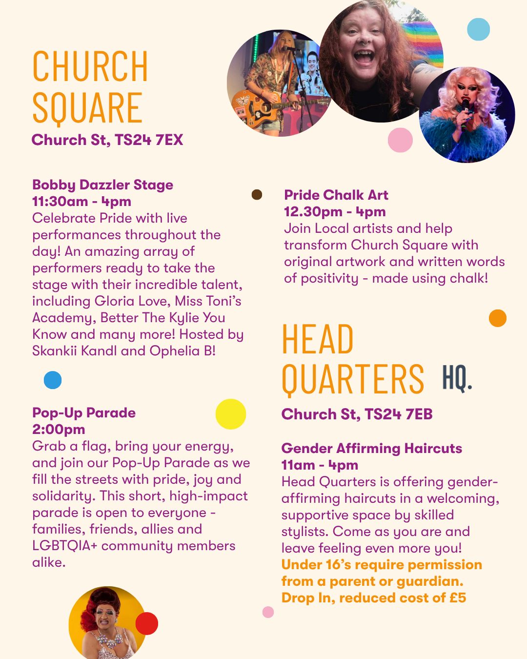 An event flyer with two sections listing activities at Church Square and Head Quarters HQ, including live performances, a pop-up parade, pride chalk art, and gender affirming haircuts. Features lively photos and event times.
