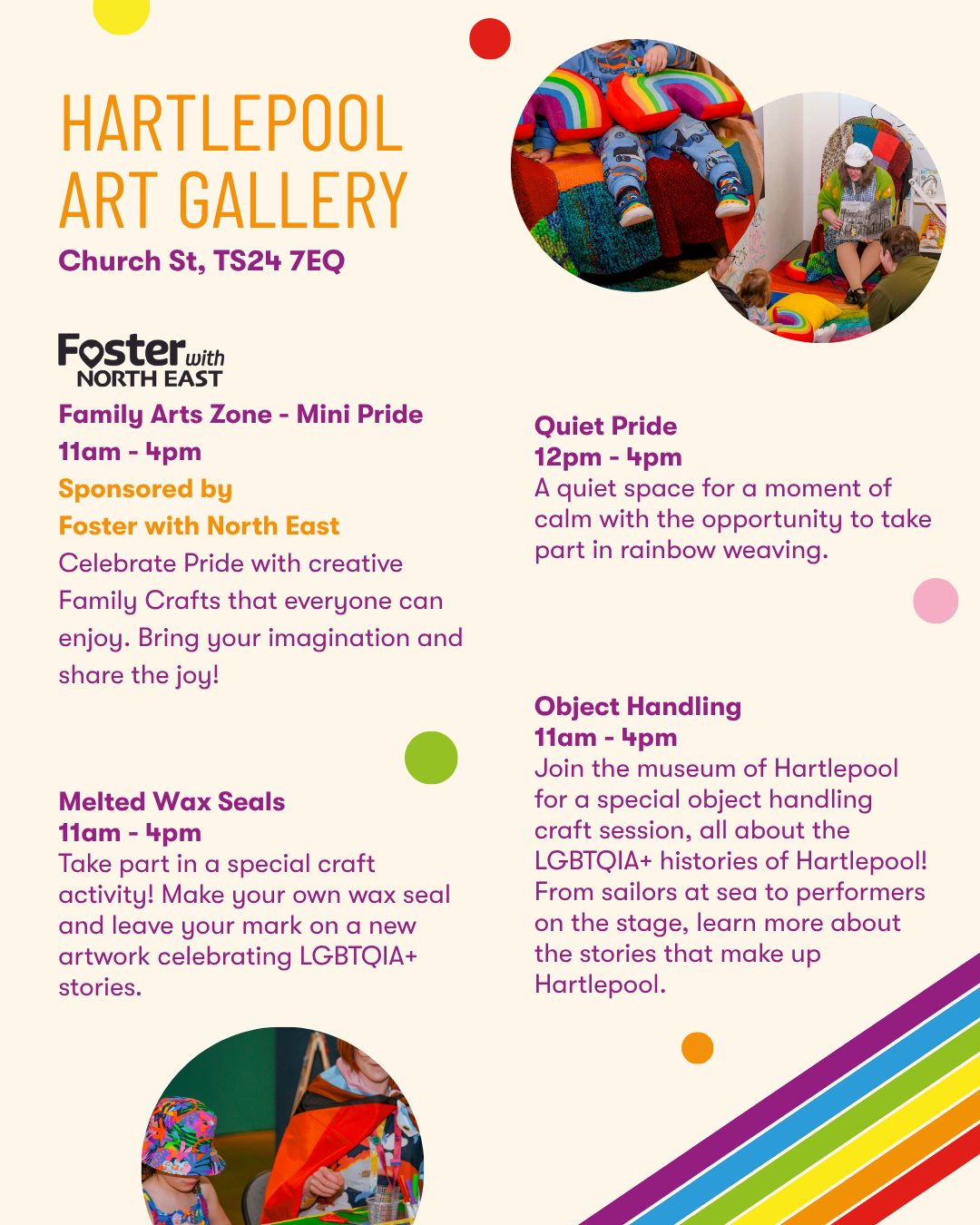 A flyer for Hartlepool Art Gallery's Mini Pride event lists activities including a family arts zone, quiet pride session, melted wax seals, and object handling, with bright rainbow graphics and event details.