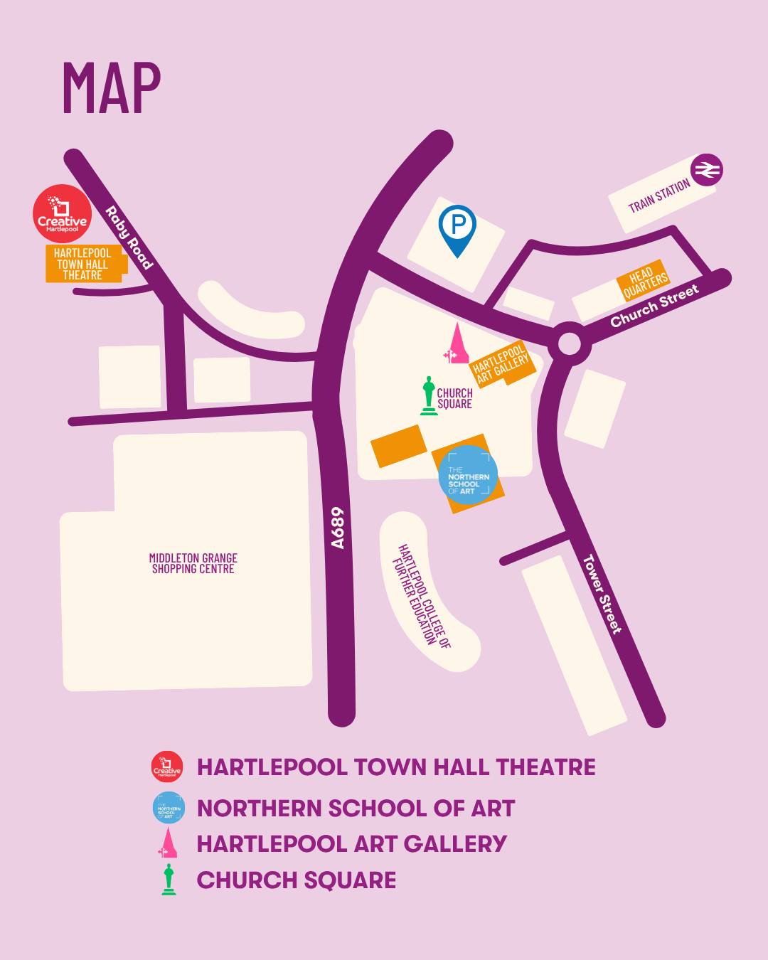 An illustrated map showing locations in Hartlepool, including Town Hall Theatre, Northern School of Art, Art Gallery, Church Square, and Middleton Grange Shopping Centre, with roads and icons on a purple background.