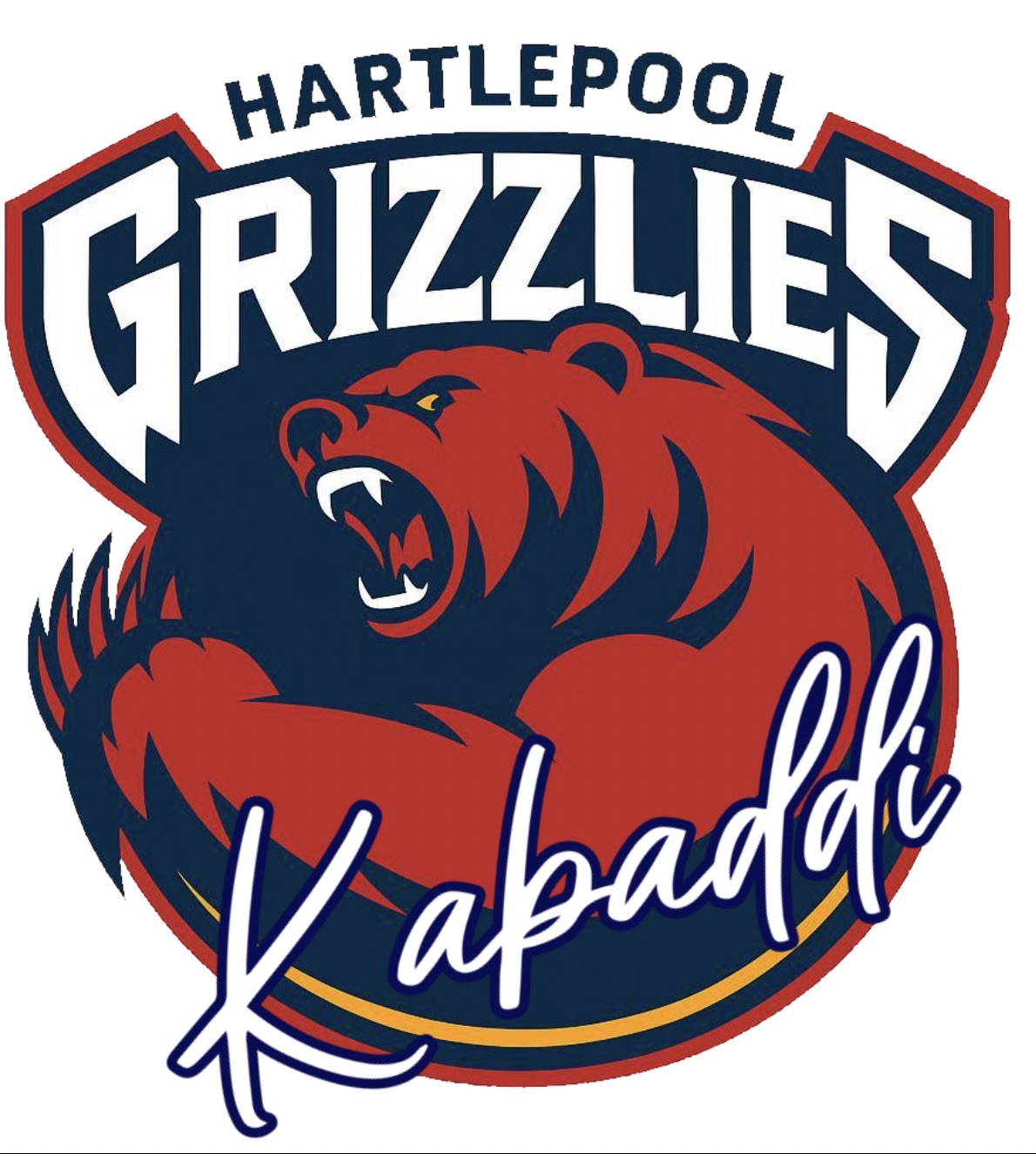 Logo featuring a fierce red bear with sharp claws, text above reads Hartlepool Grizzlies, and the word Kabaddi is written across the bottom in cursive writing.