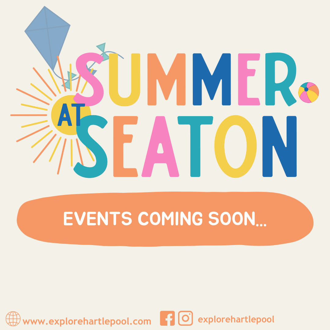 A colourful graphic with “Summer at Seaton” in bold letters, a sun, a kite, and a beach ball. Below, an orange banner reads “Events coming soon…” with social media and website icons at the bottom.
