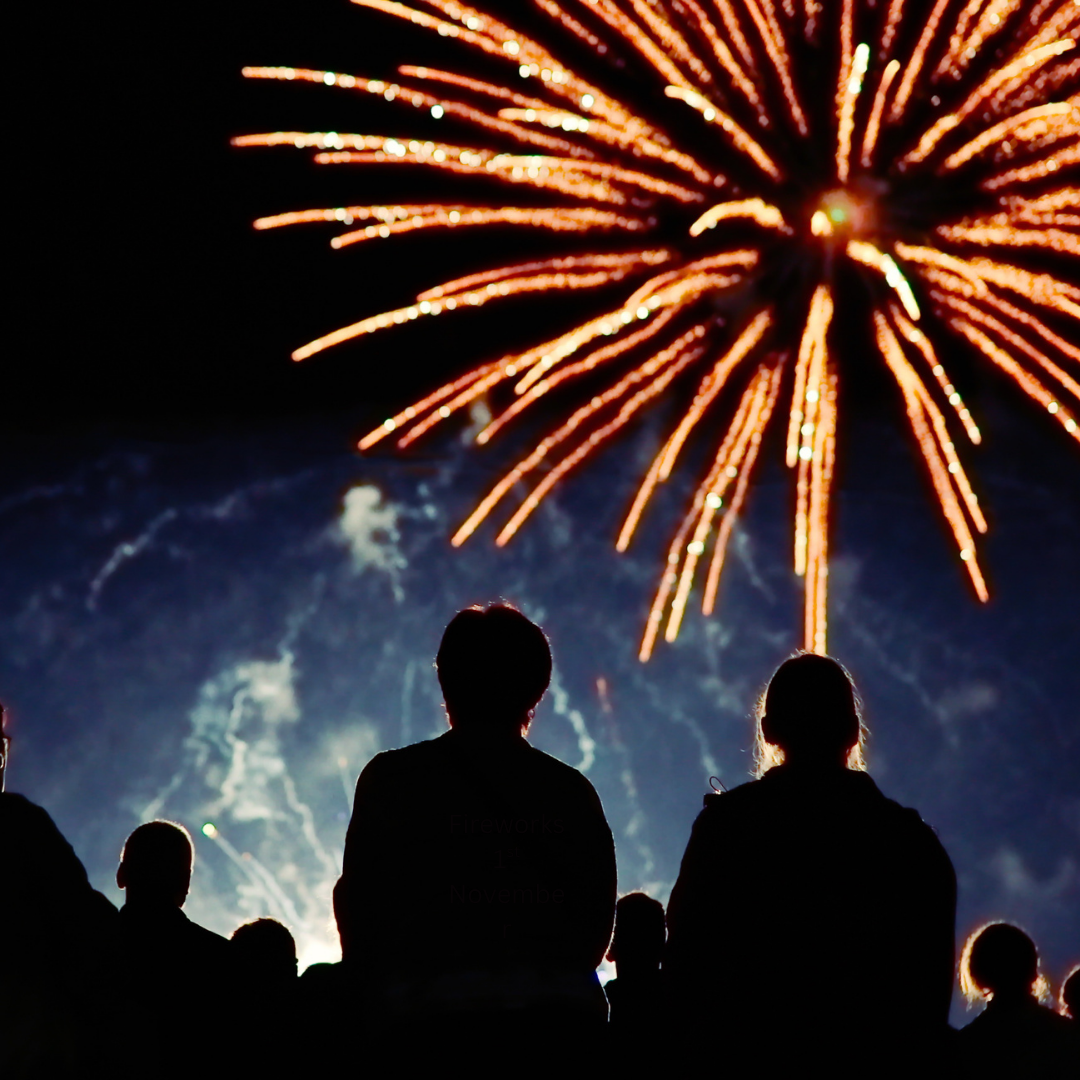 A group of people watch bright orange and yellow fireworks explode in the night sky.