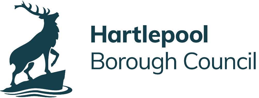 Logo of Hartlepool Borough Council featuring a silhouette of a stag standing on a rock, with the council name written in bold letters to the right of the image.