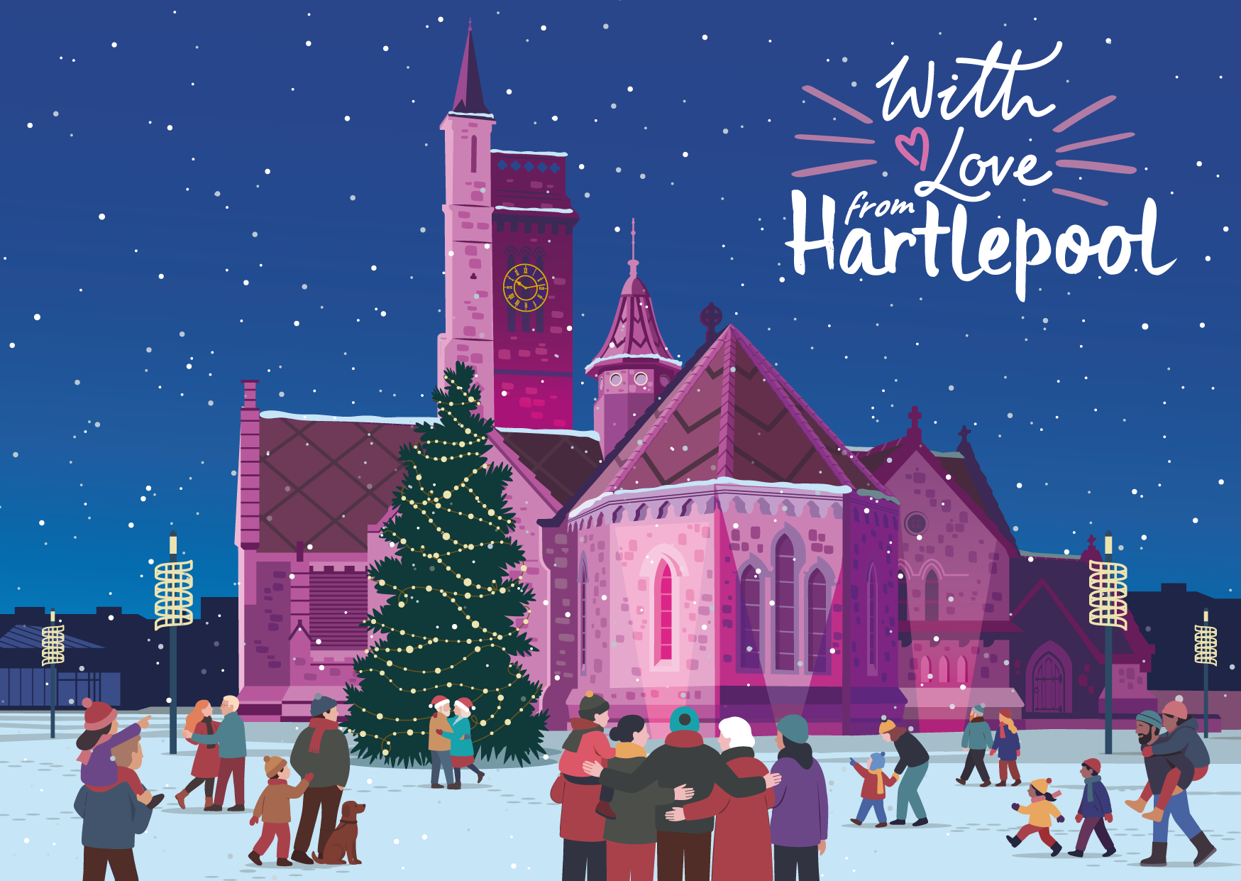 Illustration of people enjoying a snowy evening near a lit Christmas tree and a large church building, with With Love from Hartlepool written in the sky. Families, couples, and children gather warmly in winter clothes.