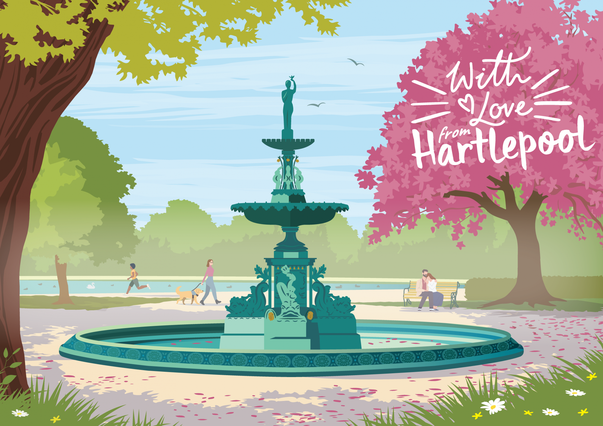 Illustration of a turquoise fountain in a park with trees, pink blossoms, people walking, and a person sitting on a bench. Text reads “With Love from Hartlepool” in the sky above the scene.