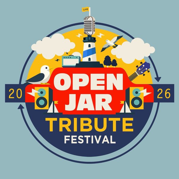 Colorful logo for the 2026 Open Jar Tribute Festival, featuring a lighthouse, guitar, seagull, speakers, clouds, and a large vintage microphone, with bold red and yellow text on a blue background.