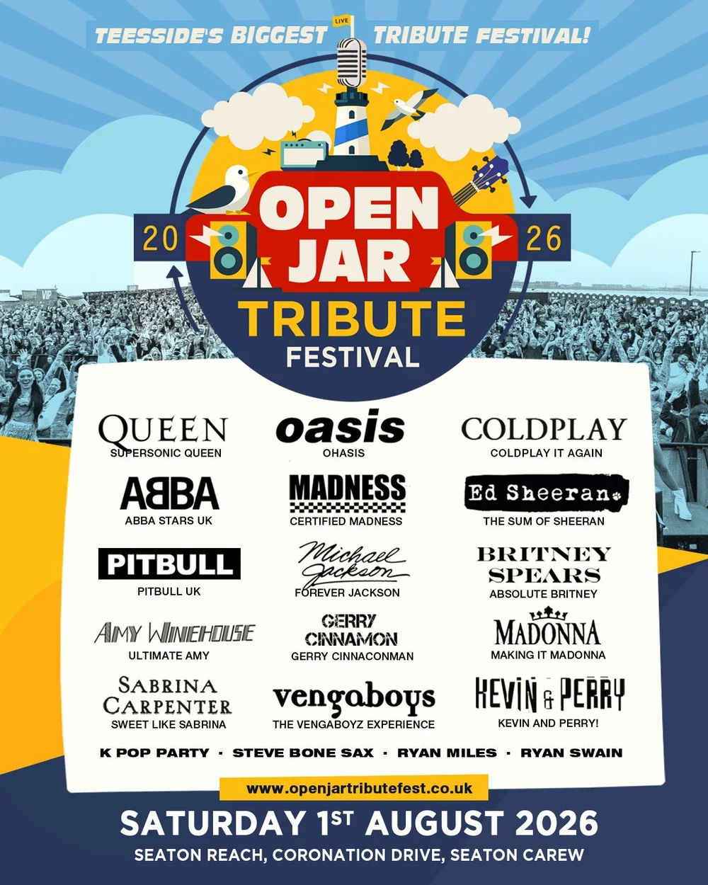 Poster for the Open Jar Tribute Festival 2026 featuring tribute acts for Queen, Oasis, Coldplay, ABBA, Madness, Ed Sheeran, Pitbull, Michael Jackson, Britney Spears, and more. Event is on August 1, 2026, in Seaton Carew.