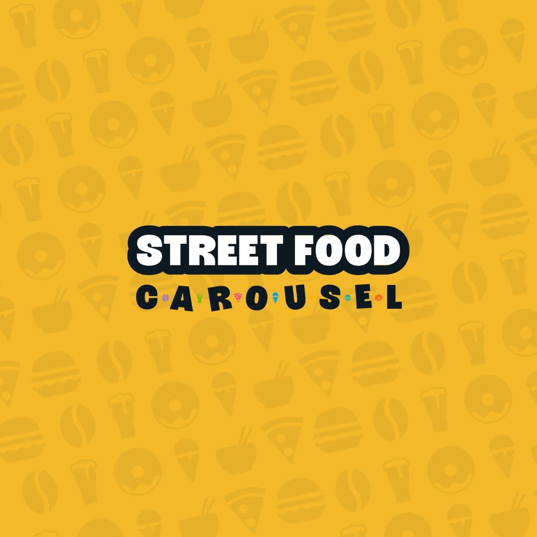 Street Food Carousel text on a yellow background with food icons like pizza, ice cream, and burgers.